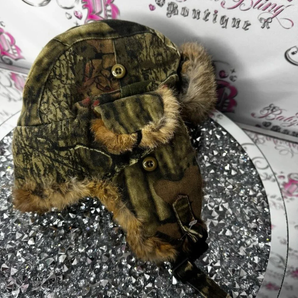 Toque hat trapper camo fur real rabbit Camouflage Fur-Lined Hat embroidered